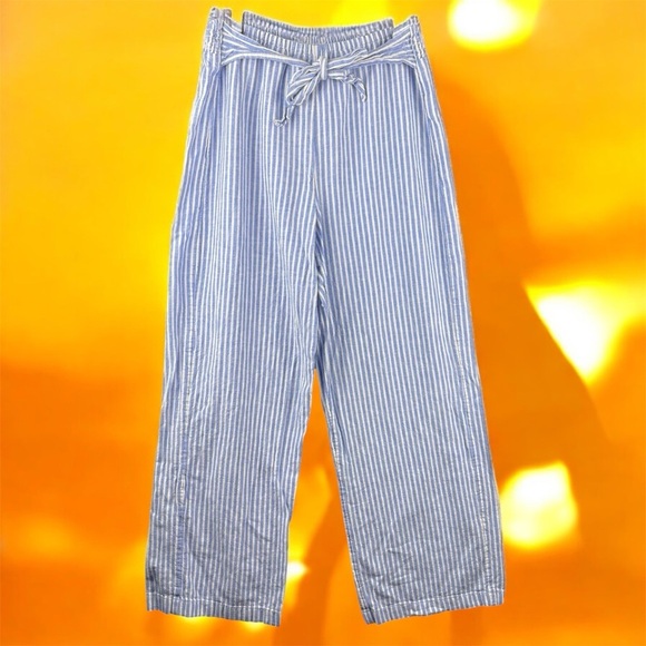 beachlunchlounge Pants - beachlunchlounge Blue and White Striped Wide Leg Linen Blend Pants Tie Waist Sm